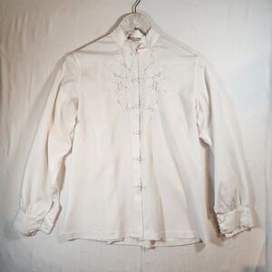 Rose Brand Vintage Hand Embroidered White Floral Cutwork Blouse Frog Closure 38